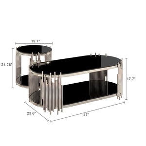 English Elm Modern Oval Tempered Glass Nesting Tables with Sculptural Chrome Rod Base for Living Room Black+Silver W3456S00072