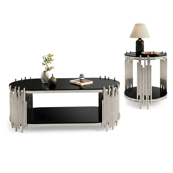 English Elm Modern Oval Tempered Glass Nesting Tables with Sculptural Chrome Rod Base for Living Room Black+Silver W3456S00072