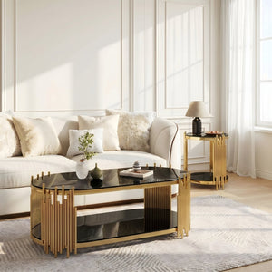 English Elm Modern Oval Tempered Glass Nesting Tables with Sculptural Chrome Rod Base for Living Room Black+Gold W3456S00073