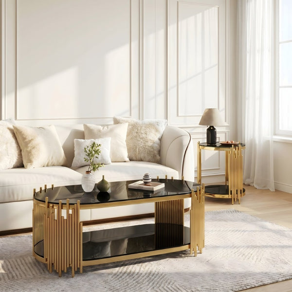 English Elm Modern Oval Tempered Glass Nesting Tables with Sculptural Chrome Rod Base for Living Room Black+Gold W3456S00073