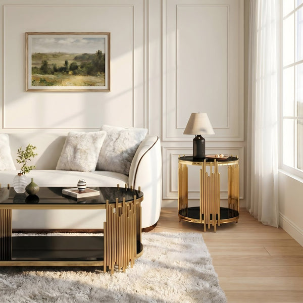 English Elm Modern Oval Tempered Glass Nesting Tables with Sculptural Chrome Rod Base for Living Room Black+Gold W3456S00073