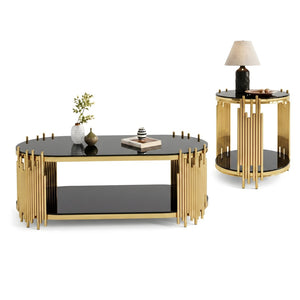 English Elm Modern Oval Tempered Glass Nesting Tables with Sculptural Chrome Rod Base for Living Room Black+Gold W3456S00073