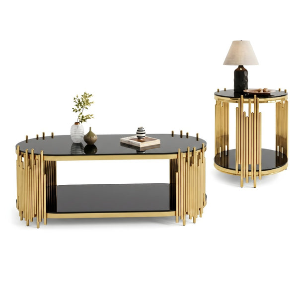 English Elm Modern Oval Tempered Glass Nesting Tables with Sculptural Chrome Rod Base for Living Room Black+Gold W3456S00073
