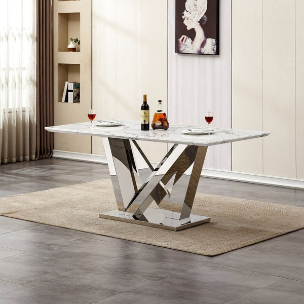 English Elm Marble Look Rectangular Dining Table with Chrome Steel Base Seats Six Modern Kitchen Silver+White 70.08 x 33.5 x 29.92 inches W3456S00074