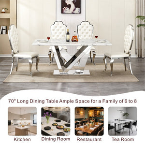 English Elm Marble Look Rectangular Dining Table with Chrome Steel Base Seats Six Modern Kitchen Silver+White 70.08 x 33.5 x 29.92 inches W3456S00074