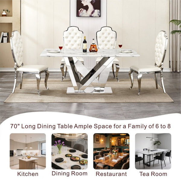 English Elm Marble Look Rectangular Dining Table with Chrome Steel Base Seats Six Modern Kitchen Silver+White 70.08 x 33.5 x 29.92 inches W3456S00074