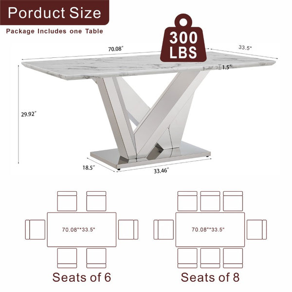 English Elm Marble Look Rectangular Dining Table with Chrome Steel Base Seats Six Modern Kitchen Silver+White 70.08 x 33.5 x 29.92 inches W3456S00074