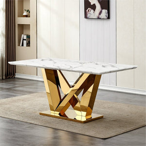 English Elm Marble Look Rectangular Dining Table with Chrome Steel Base Seats Six Modern Kitchen Gold+White 70.08 x 33.5 x 29.92 inches - A W3456S00075