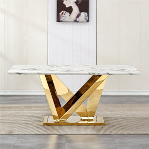 English Elm Marble Look Rectangular Dining Table with Chrome Steel Base Seats Six Modern Kitchen Gold+White 70.08 x 33.5 x 29.92 inches - A W3456S00075