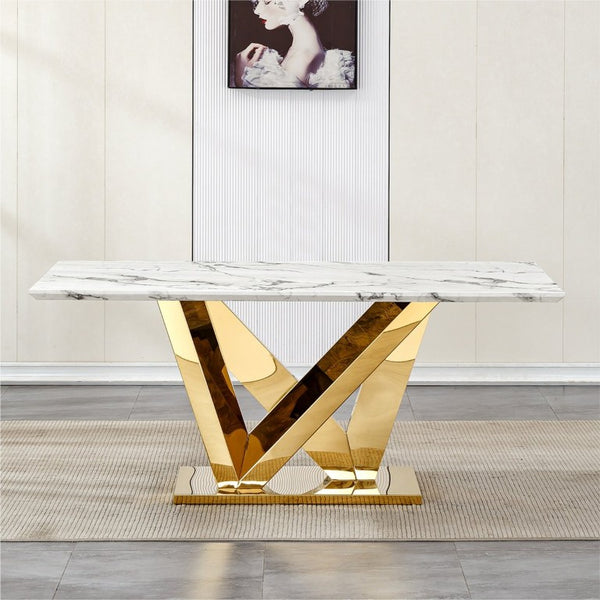 English Elm Marble Look Rectangular Dining Table with Chrome Steel Base Seats Six Modern Kitchen Gold+White 70.08 x 33.5 x 29.92 inches - A W3456S00075