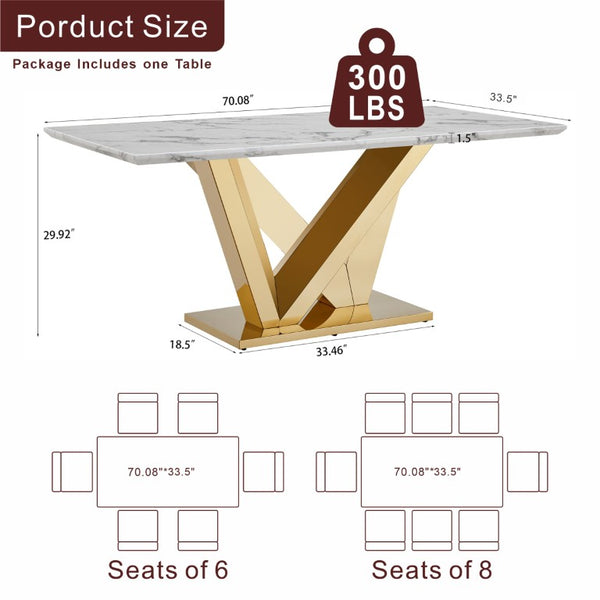 English Elm Marble Look Rectangular Dining Table with Chrome Steel Base Seats Six Modern Kitchen Gold+White 70.08 x 33.5 x 29.92 inches - A W3456S00075