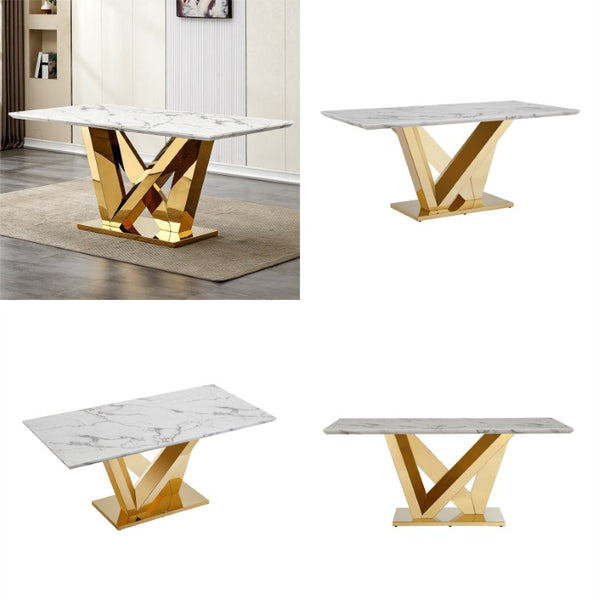 English Elm Marble Look Rectangular Dining Table with Chrome Steel Base Seats Six Modern Kitchen Gold+White 70.08 x 33.5 x 29.92 inches - A W3456S00075