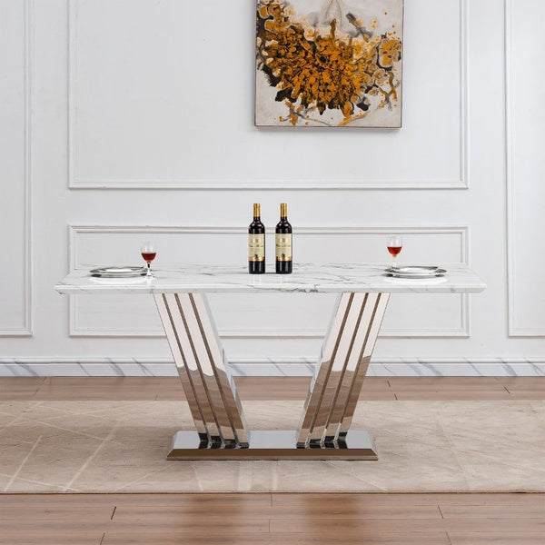 English Elm Marble Look Rectangular Dining Table with Chrome Steel Base Seats Six Modern Kitchen Silver+White 70.08 x 35.04 x 29.92 inches W3456S00076