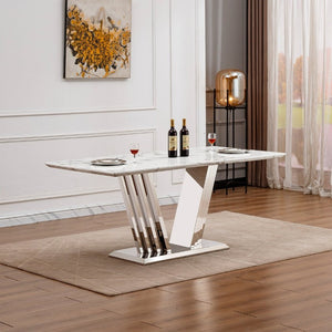 English Elm Marble Look Rectangular Dining Table with Chrome Steel Base Seats Six Modern Kitchen Silver+White 70.08 x 35.04 x 29.92 inches W3456S00076