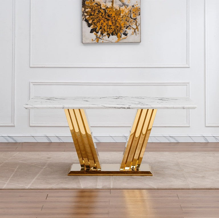 English Elm Marble Look Rectangular Dining Table with Chrome Steel Base Seats Six Modern Kitchen Gold+White 70.08 x 35.04 x 29.92 inches W3456S00077