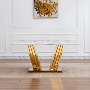 English Elm Marble Look Rectangular Dining Table with Chrome Steel Base Seats Six Modern Kitchen Gold+White 70.08 x 35.04 x 29.92 inches W3456S00077