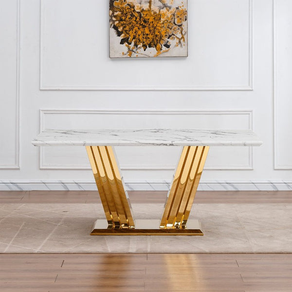 English Elm Marble Look Rectangular Dining Table with Chrome Steel Base Seats Six Modern Kitchen Gold+White 70.08 x 35.04 x 29.92 inches W3456S00077
