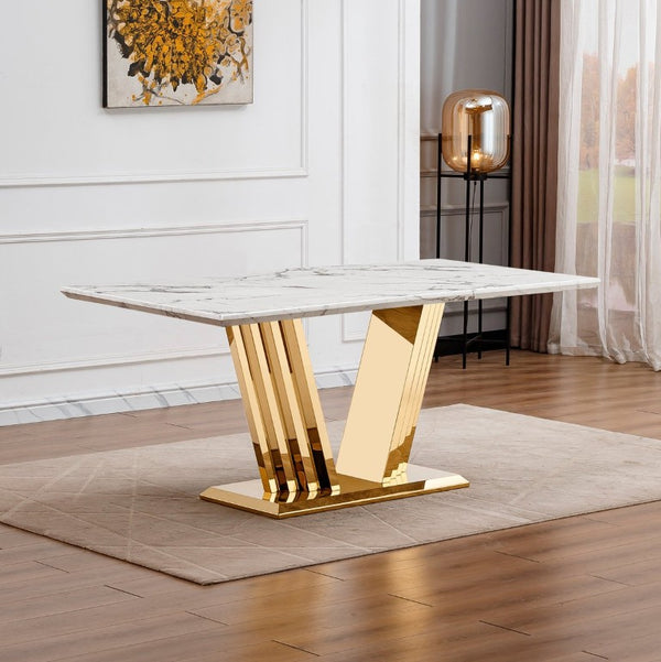 English Elm Marble Look Rectangular Dining Table with Chrome Steel Base Seats Six Modern Kitchen Gold+White 70.08 x 35.04 x 29.92 inches W3456S00077