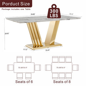 English Elm Marble Look Rectangular Dining Table with Chrome Steel Base Seats Six Modern Kitchen Gold+White 70.08 x 35.04 x 29.92 inches W3456S00077