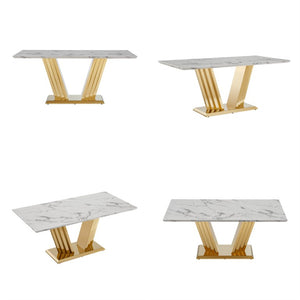 English Elm Marble Look Rectangular Dining Table with Chrome Steel Base Seats Six Modern Kitchen Gold+White 70.08 x 35.04 x 29.92 inches W3456S00077