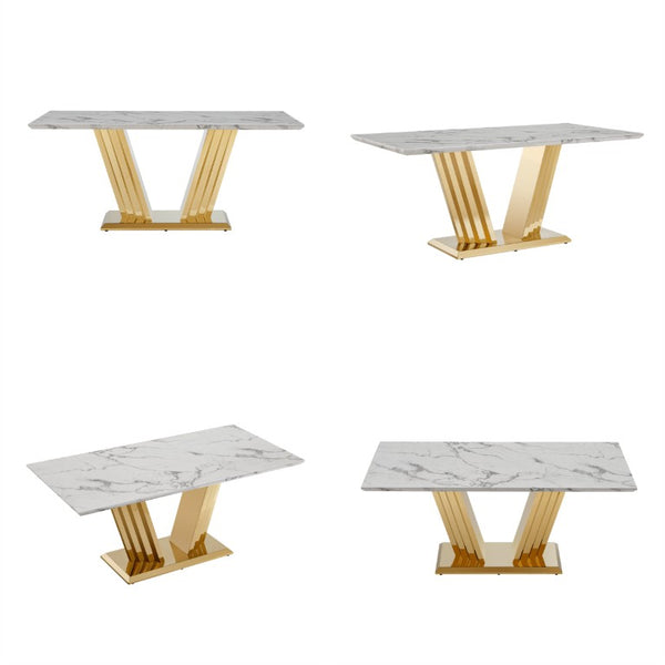 English Elm Marble Look Rectangular Dining Table with Chrome Steel Base Seats Six Modern Kitchen Gold+White 70.08 x 35.04 x 29.92 inches W3456S00077