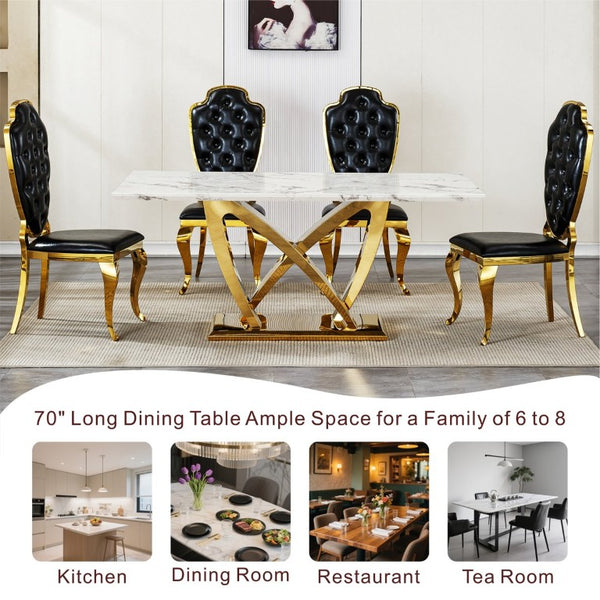 English Elm Marble Look Rectangular Dining Table with Chrome Steel Base Seats Six Modern Kitchen Gold+White 70.08 x 33.5 x 29.92 inches - B W3456S00078