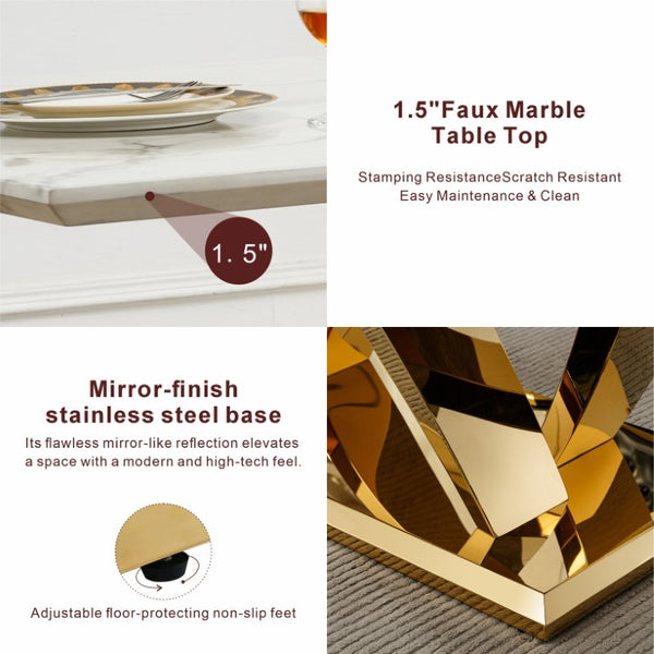 English Elm Marble Look Rectangular Dining Table with Chrome Steel Base Seats Six Modern Kitchen Gold+White 70.08 x 33.5 x 29.92 inches - B W3456S00078