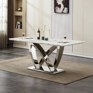 English Elm Marble Look Rectangular Dining Table Seats Six with Chrome Steel Base Modern W3456S00079