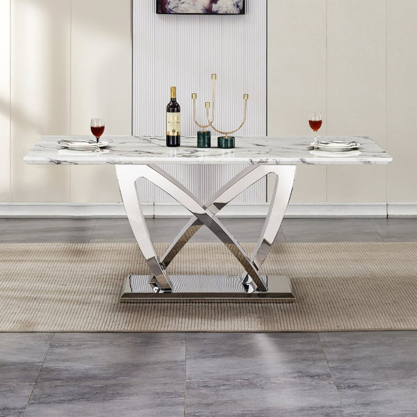 English Elm Marble Look Rectangular Dining Table Seats Six with Chrome Steel Base Modern W3456S00079