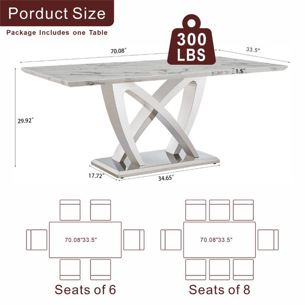 English Elm Marble Look Rectangular Dining Table Seats Six with Chrome Steel Base Modern W3456S00079