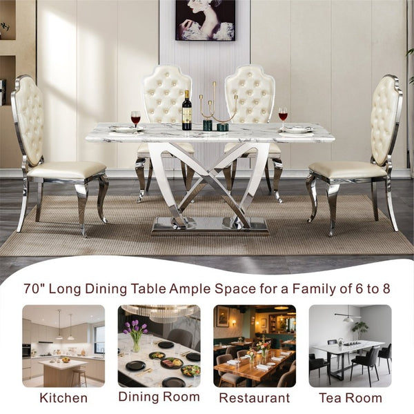 English Elm Marble Look Rectangular Dining Table Seats Six with Chrome Steel Base Modern W3456S00079