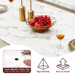 English Elm Marble Look Rectangular Dining Table Seats Six with Chrome Steel Base Modern W3456S00079