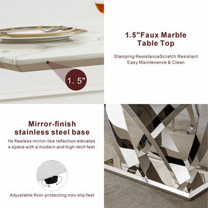 English Elm Marble Look Rectangular Dining Table Seats Six with Chrome Steel Base Modern W3456S00079