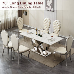 English Elm Marble Look Rectangular Dining Table Seats Six with Chrome Steel Base Modern W3456S00079