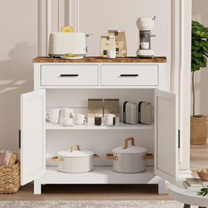 English Elm Kitchen Farmhouse Buffet Cabinet with 2 Drawers 2 Doors Wood Grain Storage Sideboard White W3457P534693