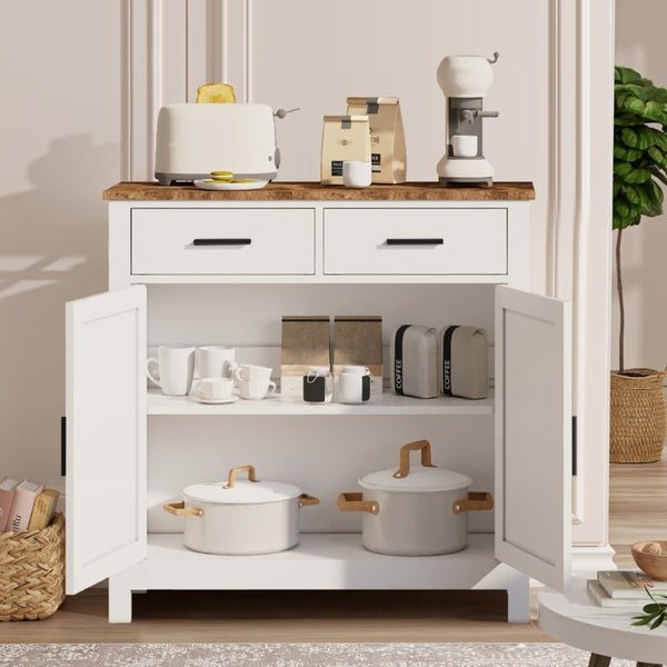 English Elm Kitchen Farmhouse Buffet Cabinet with 2 Drawers 2 Doors Wood Grain Storage Sideboard White W3457P534693