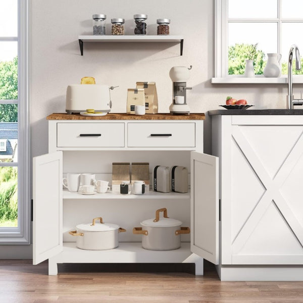 English Elm Kitchen Farmhouse Buffet Cabinet with 2 Drawers 2 Doors Wood Grain Storage Sideboard White W3457P534693