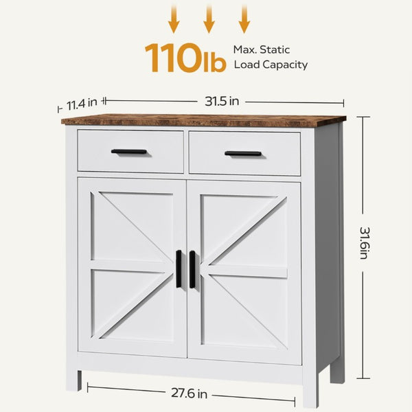 English Elm Kitchen Farmhouse Buffet Cabinet with 2 Drawers 2 Doors Wood Grain Storage Sideboard White W3457P534693