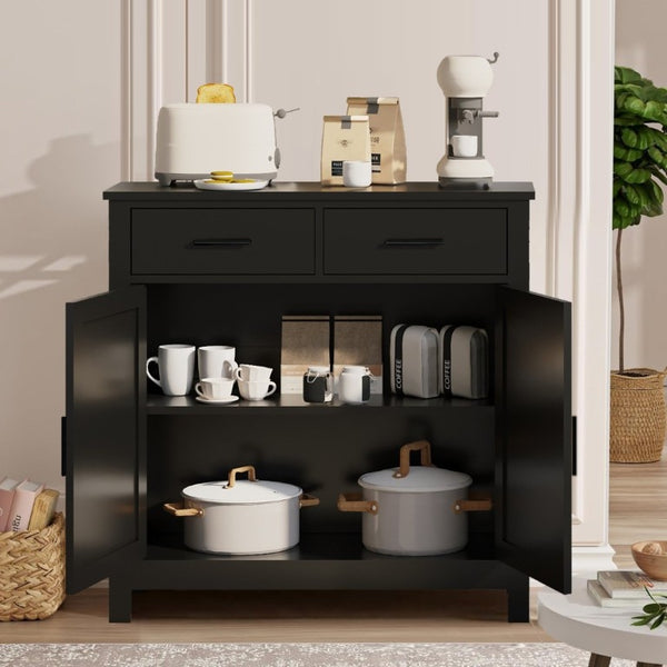 English Elm Kitchen Farmhouse Buffet Cabinet with 2 Drawers 2 Doors Wood Grain Storage Sideboard Black W3457P534697
