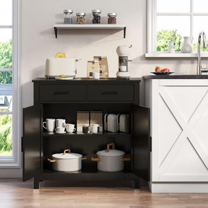 English Elm Kitchen Farmhouse Buffet Cabinet with 2 Drawers 2 Doors Wood Grain Storage Sideboard Black W3457P534697