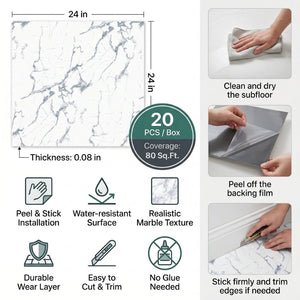 English Elm Peel and Stick Pvc Floor Tiles Large Format Rigid Self-adhesive Marble Look 80 Sq Ft White Marble W347P507555