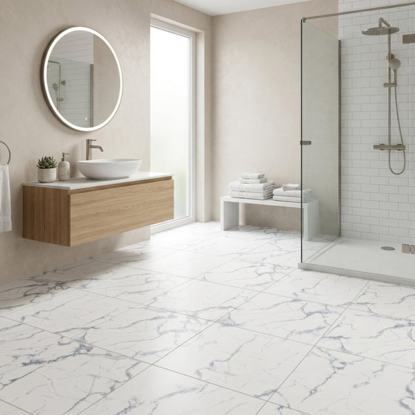 English Elm Peel and Stick Pvc Floor Tiles Large Format Rigid Self-adhesive Marble Look 80 Sq Ft White Marble W347P507555