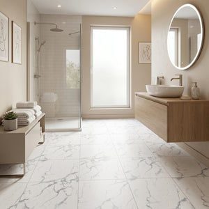 English Elm Peel and Stick Pvc Floor Tiles Large Format Rigid Self-adhesive Marble Look 80 Sq Ft White Marble W347P507555