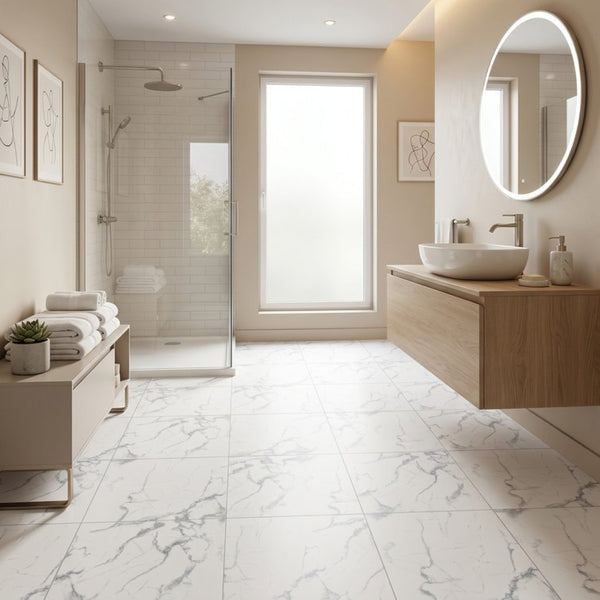 English Elm Peel and Stick Pvc Floor Tiles Large Format Rigid Self-adhesive Marble Look 80 Sq Ft White Marble W347P507555