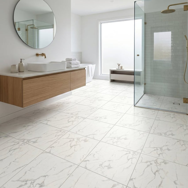 English Elm Peel and Stick Pvc Floor Tiles Large Format Rigid Self-adhesive Marble Look 80 Sq Ft White Marble W347P507555