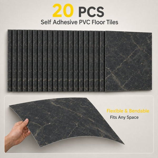 English Elm Peel and Stick Pvc Floor Tiles Large Format Rigid Self-adhesive Marble Look 80 Sq Ft Black Marble W347P507556