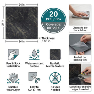 English Elm Peel and Stick Pvc Floor Tiles Large Format Rigid Self-adhesive Marble Look 80 Sq Ft Black Marble W347P507556
