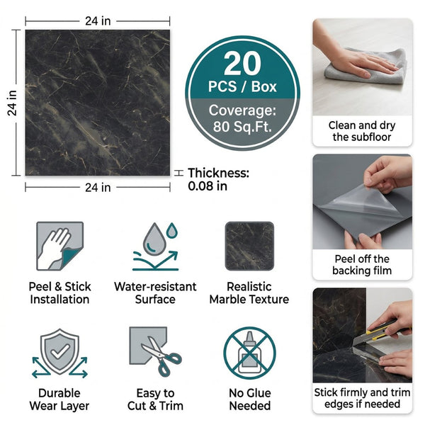 English Elm Peel and Stick Pvc Floor Tiles Large Format Rigid Self-adhesive Marble Look 80 Sq Ft Black Marble W347P507556