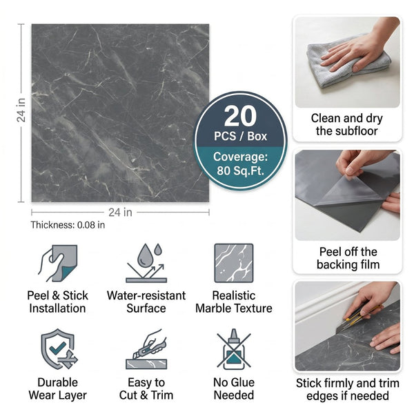 English Elm Peel and Stick Pvc Floor Tiles Large Format Rigid Self-adhesive Marble Look 80 Sq Ft Grey Marble W347P507557