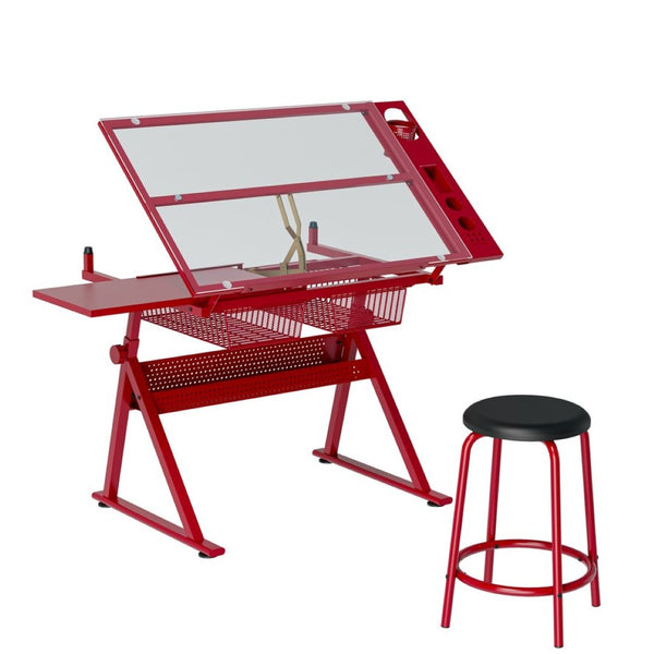 English Elm Red Steel Framed Tempered Glass Tilting Drafting Table with Matching Stool Included W347P509780
